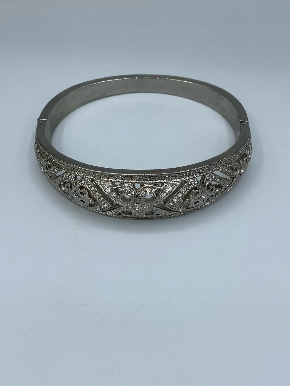 Vintage Ornate Silver Tone Filigree Bracelet With Pave Crystal Accents and Clasp